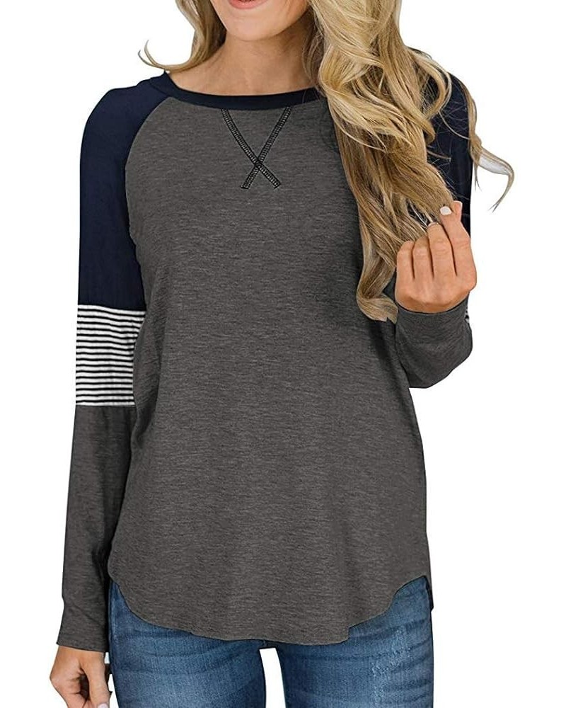 2022 Women's Leopard Print Color Block Tunic Round Neck Long Sleeve Shirts Striped Causal Blouses Tops 02 Navy/Dark Grey $14....