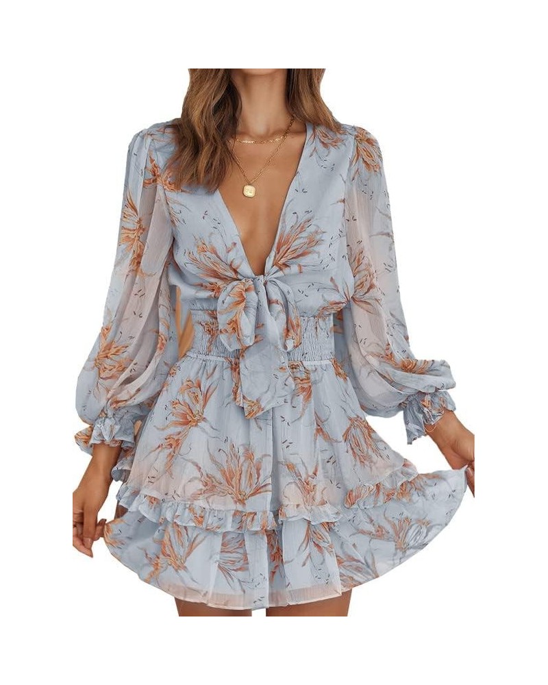 Womens 2024 Summer Deep V Neck Knotted Tiered Chiffon Elegant Mini Short Swing Skater Dresses 4 Blue $23.03 Activewear