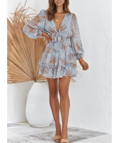 Womens 2024 Summer Deep V Neck Knotted Tiered Chiffon Elegant Mini Short Swing Skater Dresses 4 Blue $23.03 Activewear