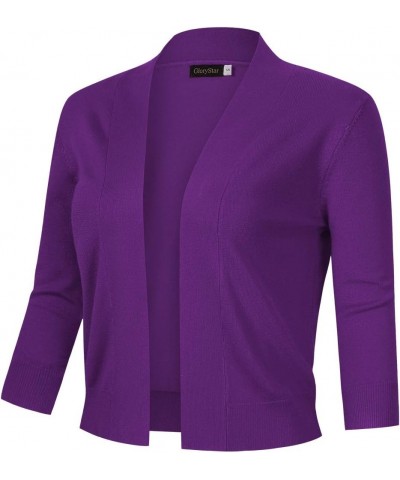 Women's 3/4 Sleeve Cropped Cardigan Sweaters Open Front Knit Short Bolero Shrugs Purple $10.00 Sweaters