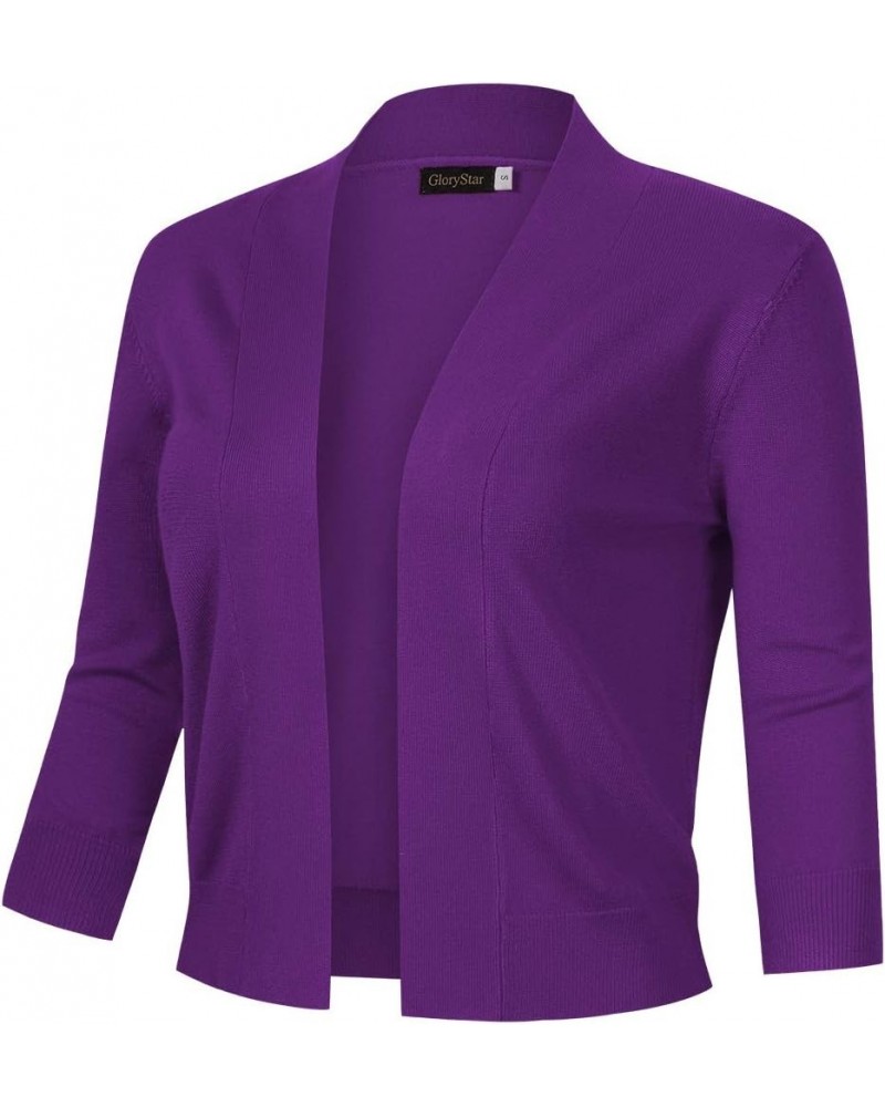 Women's 3/4 Sleeve Cropped Cardigan Sweaters Open Front Knit Short Bolero Shrugs Purple $10.00 Sweaters