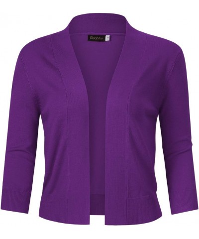 Women's 3/4 Sleeve Cropped Cardigan Sweaters Open Front Knit Short Bolero Shrugs Purple $10.00 Sweaters