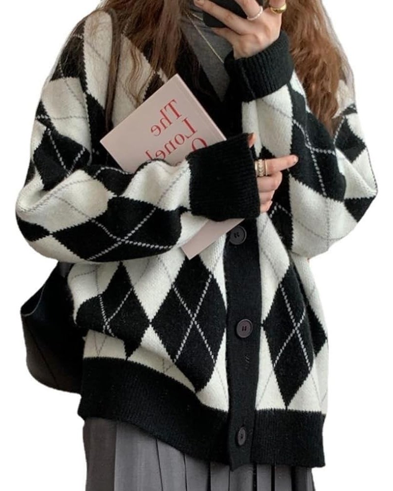 Women Argyle Preppy Cardigan Sweater Button Down Knit Varsity Color Block Y2k Aesthetic Clothes Grunge Grandpa Sweater E Dark...