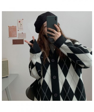 Women Argyle Preppy Cardigan Sweater Button Down Knit Varsity Color Block Y2k Aesthetic Clothes Grunge Grandpa Sweater E Dark...