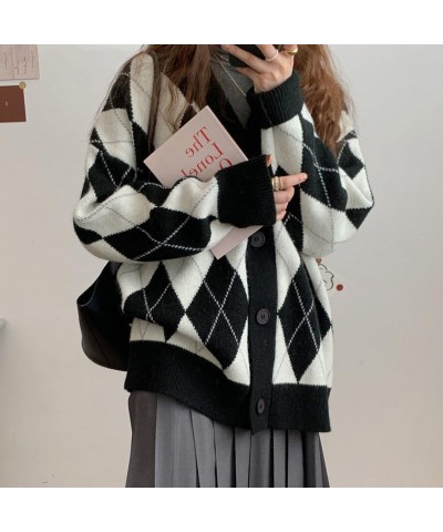 Women Argyle Preppy Cardigan Sweater Button Down Knit Varsity Color Block Y2k Aesthetic Clothes Grunge Grandpa Sweater E Dark...