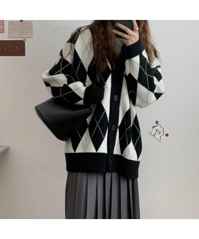 Women Argyle Preppy Cardigan Sweater Button Down Knit Varsity Color Block Y2k Aesthetic Clothes Grunge Grandpa Sweater E Dark...