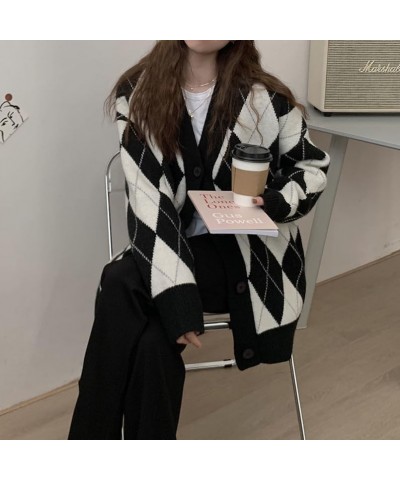 Women Argyle Preppy Cardigan Sweater Button Down Knit Varsity Color Block Y2k Aesthetic Clothes Grunge Grandpa Sweater E Dark...