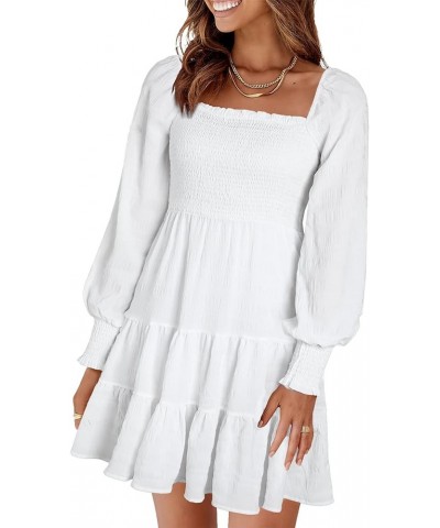 Women's Dress Square Neck Long Elastic Sleeve Ruffle A-Line Casual Short Mini Dress C White $16.00 Dresses