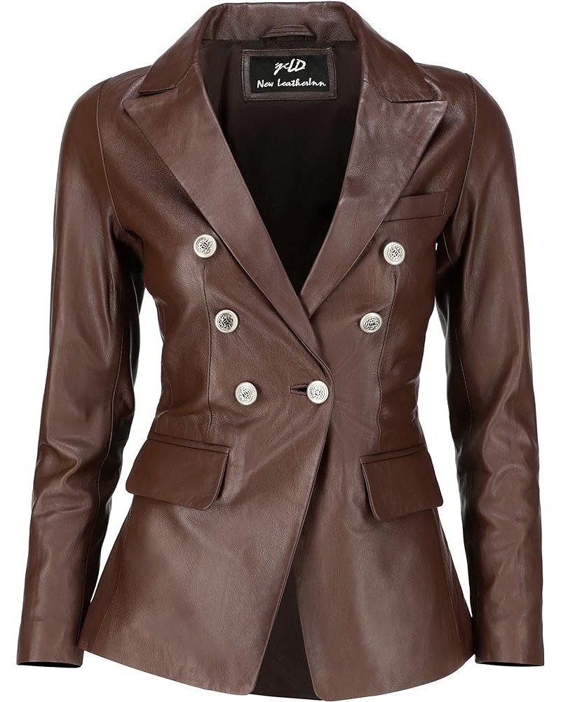 Double Breasted Fancy Buttons Lambskin Leather Blazer Women - Kim Kardashian Long Sleeve Coat Style Leather Jacket Women Brow...