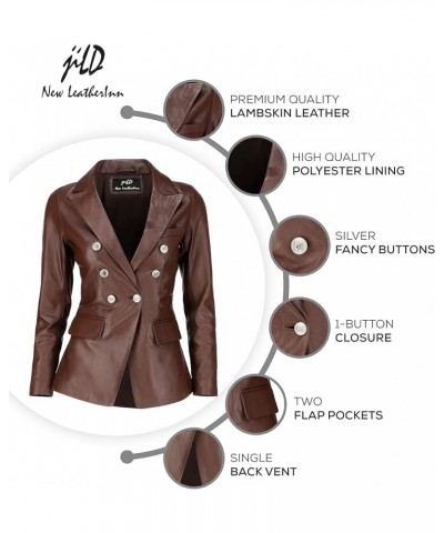 Double Breasted Fancy Buttons Lambskin Leather Blazer Women - Kim Kardashian Long Sleeve Coat Style Leather Jacket Women Brow...