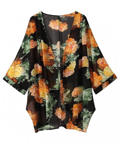 Women's Floral Print Sheer Chiffon 3/4 Bat Sleeve Casual Loose Kimono Cardigan Capes Black Yellowgreen $9.89 Swimsuits