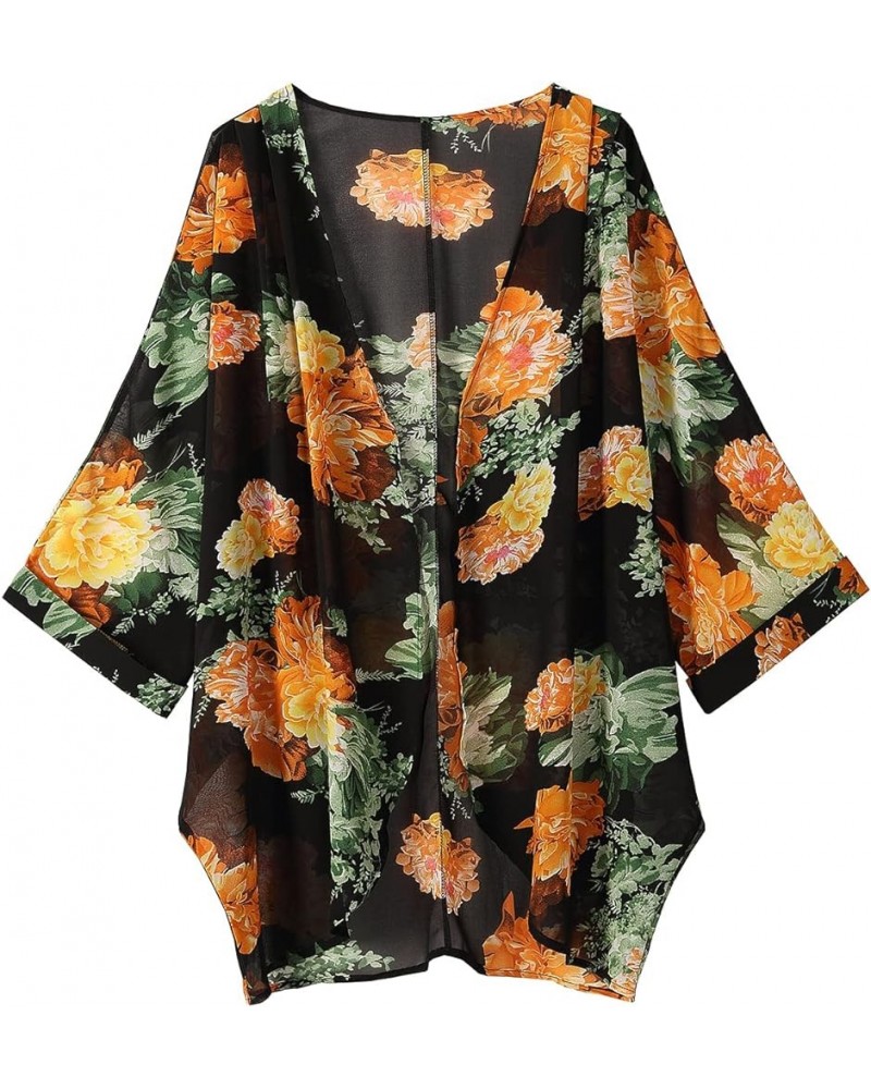 Women's Floral Print Sheer Chiffon 3/4 Bat Sleeve Casual Loose Kimono Cardigan Capes Black Yellowgreen $9.89 Swimsuits