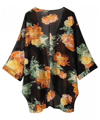 Women's Floral Print Sheer Chiffon 3/4 Bat Sleeve Casual Loose Kimono Cardigan Capes Black Yellowgreen $9.89 Swimsuits