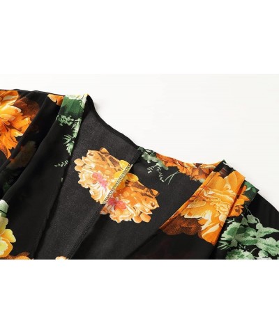 Women's Floral Print Sheer Chiffon 3/4 Bat Sleeve Casual Loose Kimono Cardigan Capes Black Yellowgreen $9.89 Swimsuits