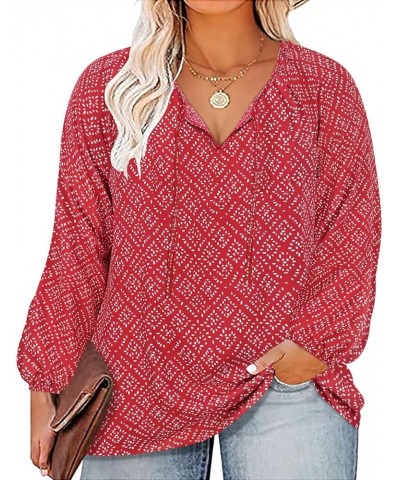 Womens Plus Size Floral Blouses Long/Short Sleeve Boho Tops V Neck Chiffon Shirts Drawstring Business Tunics XL-5XL 1b-red $1...