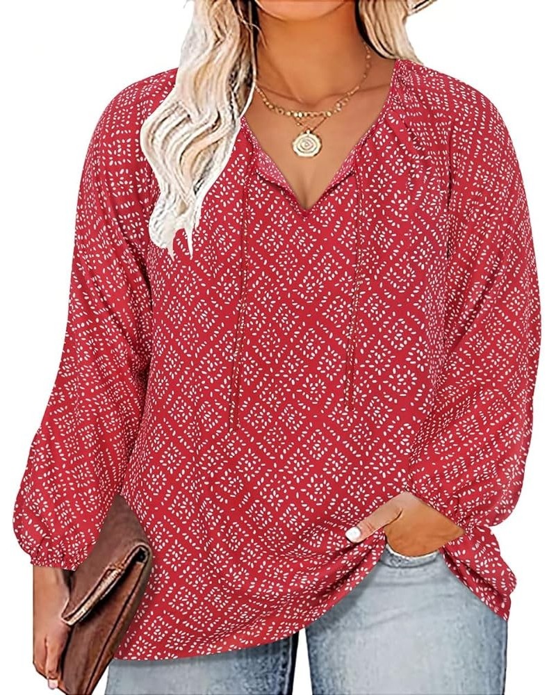 Womens Plus Size Floral Blouses Long/Short Sleeve Boho Tops V Neck Chiffon Shirts Drawstring Business Tunics XL-5XL 1b-red $1...