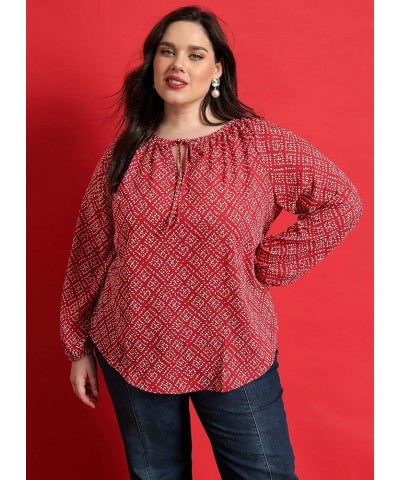 Womens Plus Size Floral Blouses Long/Short Sleeve Boho Tops V Neck Chiffon Shirts Drawstring Business Tunics XL-5XL 1b-red $1...