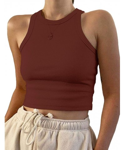 Women's Round Neck Basic Racerback Camisole Rib-Knit Solid Sleeveless Crop Tank Tops Red Brown $10.79 Tanks