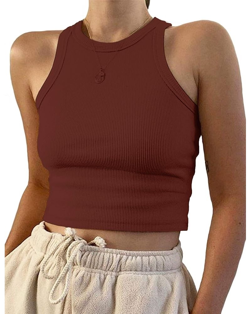 Women's Round Neck Basic Racerback Camisole Rib-Knit Solid Sleeveless Crop Tank Tops Red Brown $10.79 Tanks