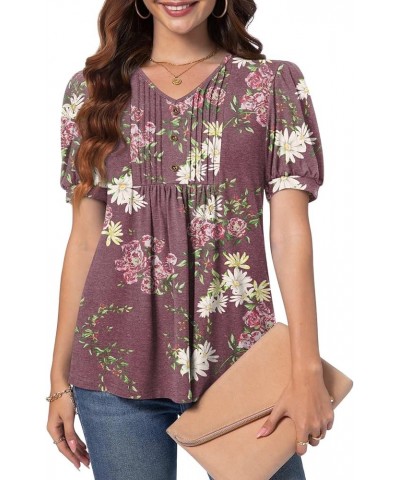 Women's Puff Short Sleeve Tunic Tops Dressy V Neck Pleated Shirts Casual Work Blouses Puff Sleeve/Floral Wine $14.39 Tops