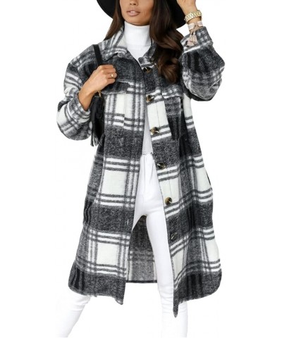 Women's Long Plaid Shacket Casual Wool Blend Button Down Thick Jacket Coat Black $19.24 Coats