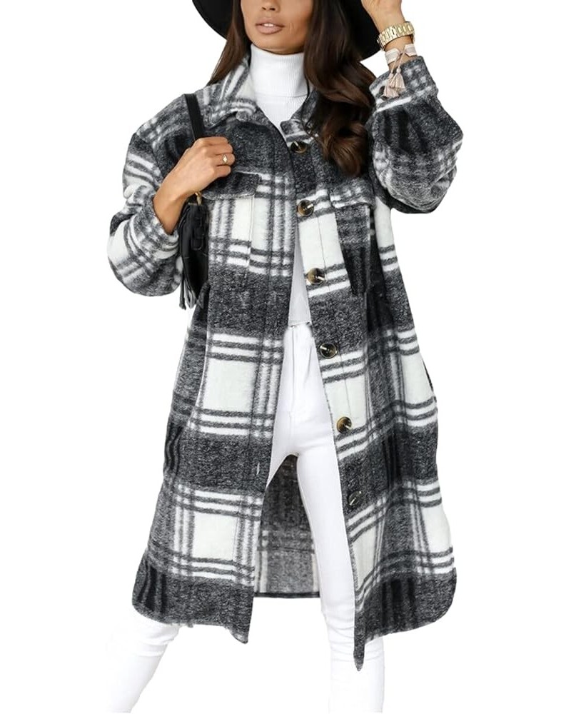 Women's Long Plaid Shacket Casual Wool Blend Button Down Thick Jacket Coat Black $19.24 Coats