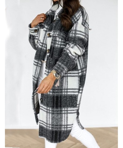 Women's Long Plaid Shacket Casual Wool Blend Button Down Thick Jacket Coat Black $19.24 Coats