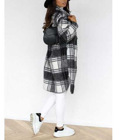 Women's Long Plaid Shacket Casual Wool Blend Button Down Thick Jacket Coat Black $19.24 Coats