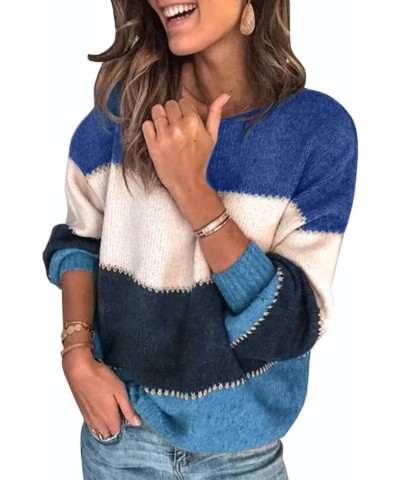 Womens Sweater Pullover Casual Long Sleeve Crewneck Color Block Pullover Knit Sweater for Women A-blue $18.45 Sweaters