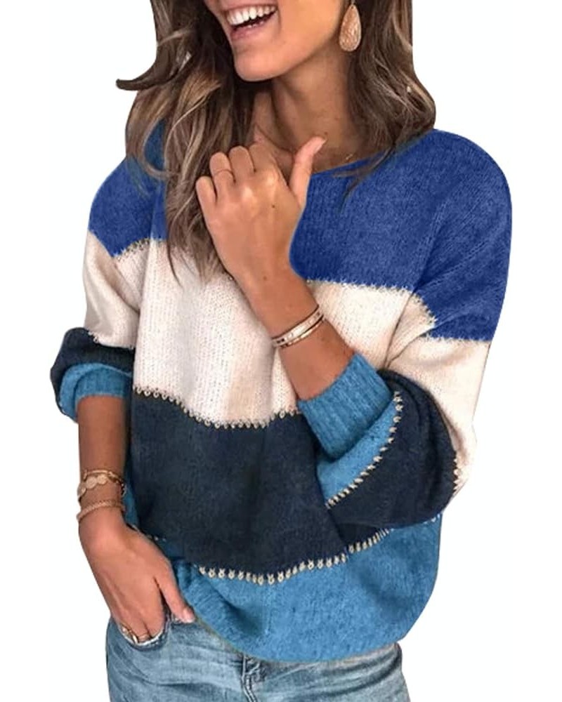 Womens Sweater Pullover Casual Long Sleeve Crewneck Color Block Pullover Knit Sweater for Women A-blue $18.45 Sweaters