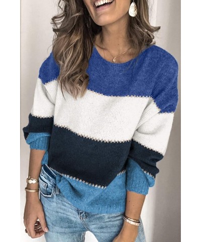 Womens Sweater Pullover Casual Long Sleeve Crewneck Color Block Pullover Knit Sweater for Women A-blue $18.45 Sweaters