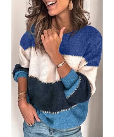 Womens Sweater Pullover Casual Long Sleeve Crewneck Color Block Pullover Knit Sweater for Women A-blue $18.45 Sweaters