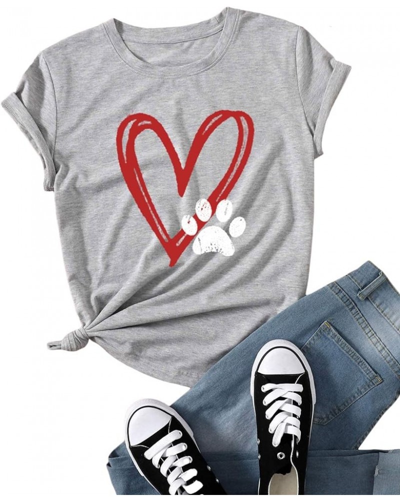 Dog Paw Love Heart Print T-Shirt for Women Short Sleeve Dog Mom Graphic Tees Tops Mother's Day Shirts B Gray $13.33 Others