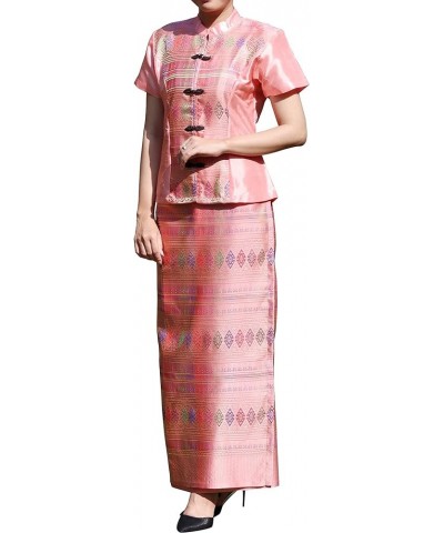 Luxurious Thai Silk Dress Chinese Front Cut Stitch Outfit Chinese Collar - Baby Pink $26.92 Dresses