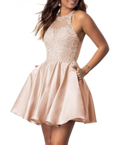 Lace-Applique Short Homecoming Dresses for Women with Pockets Satin Beaded Prom Cocktail Dress for Teens Cream $30.23 Dresses