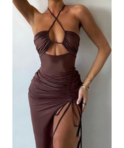 Sexy Sleeveless Cut Out Maxi Dress Slim Fit Split Long Dress Backless Halter Bodycon Midi Dress Night Party Summer Wear Brown...