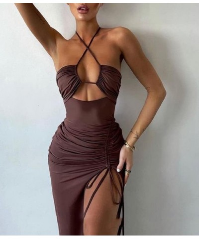 Sexy Sleeveless Cut Out Maxi Dress Slim Fit Split Long Dress Backless Halter Bodycon Midi Dress Night Party Summer Wear Brown...