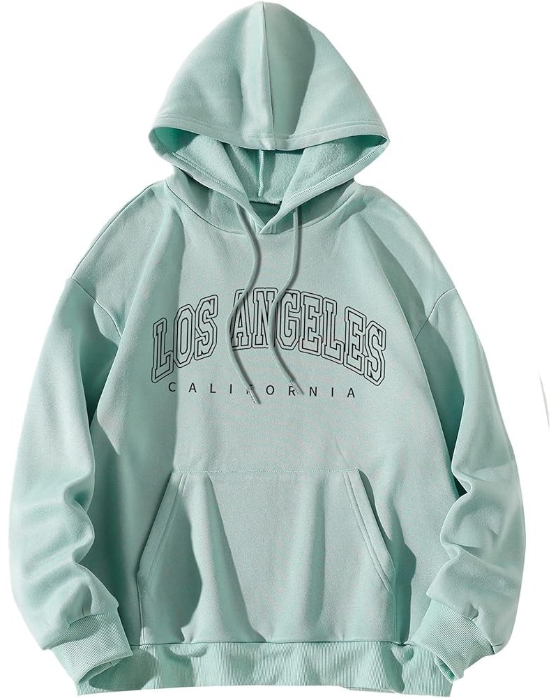 Women's Letter Graphic Printed Long Sleeve Pullover Drawstring Hoodie Sweatshirt Mint Green $18.54 Hoodies & Sweatshirts