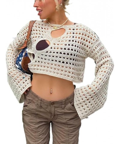 Women Y2K Knit Long Puff Sleeve Crop Top Knitted Cropped Crochet Shrug Sweater Contrast Color Patchwork Hollow Tops F Beige $...