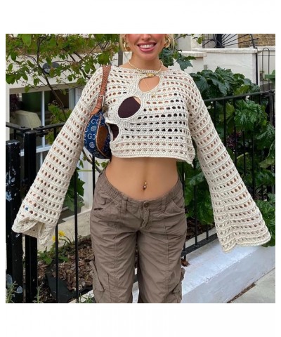 Women Y2K Knit Long Puff Sleeve Crop Top Knitted Cropped Crochet Shrug Sweater Contrast Color Patchwork Hollow Tops F Beige $...