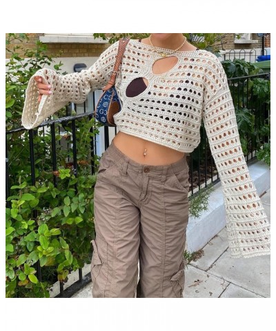 Women Y2K Knit Long Puff Sleeve Crop Top Knitted Cropped Crochet Shrug Sweater Contrast Color Patchwork Hollow Tops F Beige $...