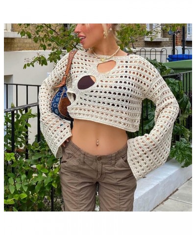 Women Y2K Knit Long Puff Sleeve Crop Top Knitted Cropped Crochet Shrug Sweater Contrast Color Patchwork Hollow Tops F Beige $...