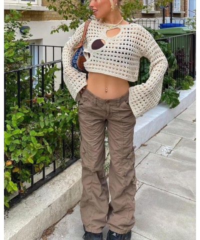 Women Y2K Knit Long Puff Sleeve Crop Top Knitted Cropped Crochet Shrug Sweater Contrast Color Patchwork Hollow Tops F Beige $...