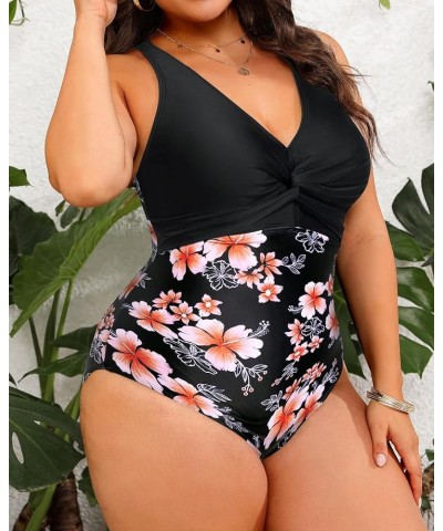 Women Plus Size One Piece Swimsuits V Neck Tummy Control Bathing Suits Front Cross Swimwear Black and Flowers $20.71 Swimsuits