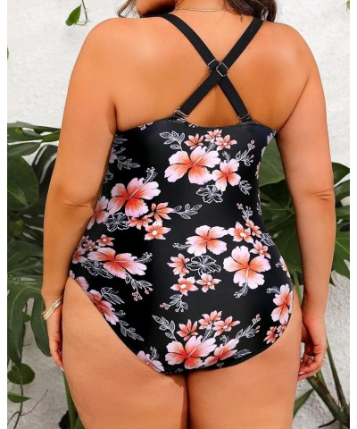 Women Plus Size One Piece Swimsuits V Neck Tummy Control Bathing Suits Front Cross Swimwear Black and Flowers $20.71 Swimsuits