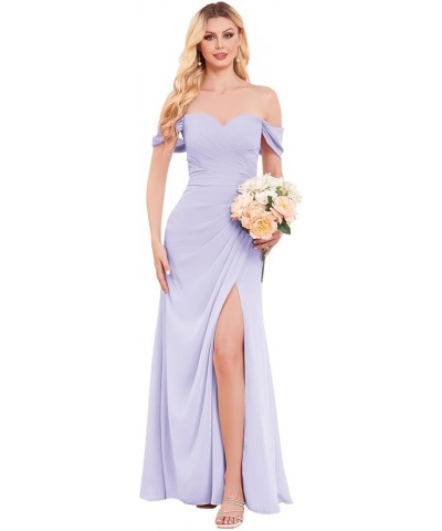 Women's Off The Shoulder Chiffon Bridesmaid Dress with Slit Long Ruched Mermaid Formal Dresses for Wedding Lilac $31.85 Dresses