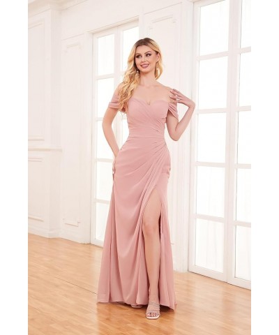 Women's Off The Shoulder Chiffon Bridesmaid Dress with Slit Long Ruched Mermaid Formal Dresses for Wedding Lilac $31.85 Dresses