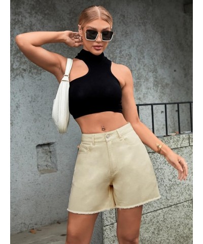 Women's High Waist Denim Shorts Straight Leg Raw Hem Jean Shorts Summer Hot Pants with Pockets Khaki $20.13 Shorts