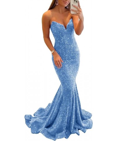 Sequin Mermaid Prom Dresses Sparkly Long V Neck Bodycon Backless Formal Evening Party Gown for Women Blue $27.30 Dresses