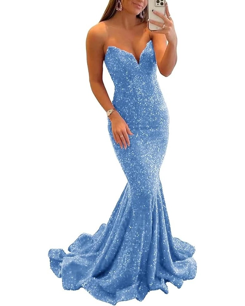 Sequin Mermaid Prom Dresses Sparkly Long V Neck Bodycon Backless Formal Evening Party Gown for Women Blue $27.30 Dresses